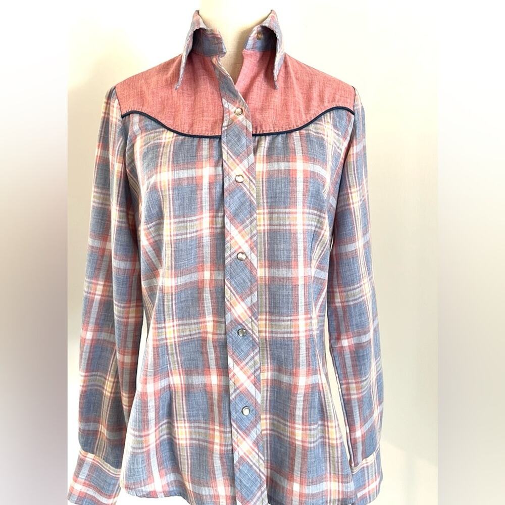 Vintage Pastel Western Pearl Snap Shirt Pink and Blue Plaid Fenton - Picture 3 of 14
